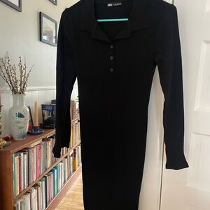 Zara Black Ribbed Long-Sleeve Polo Knit Dress